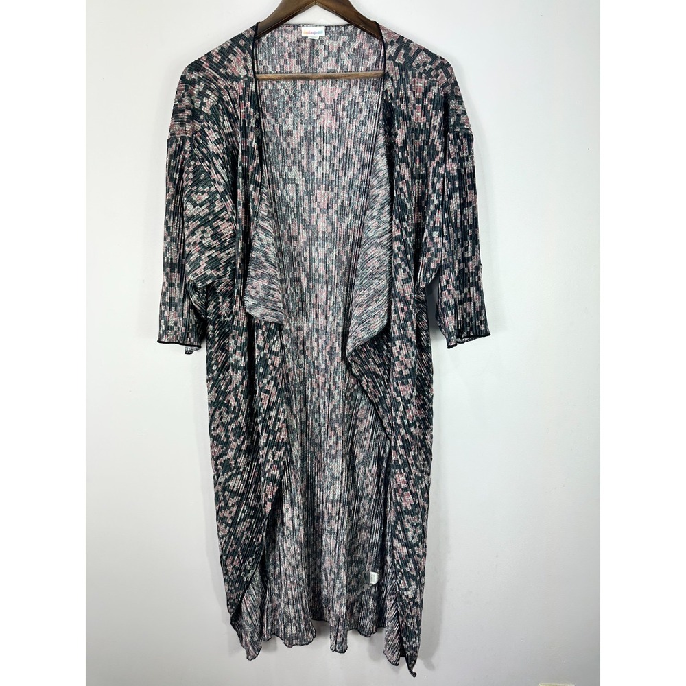 LuLaRoe Sarah Duster Cardigan M Black Pink Pixel Geometric Boho Longline Layer